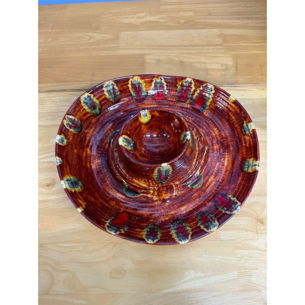 Vintage Ceramic Glazed Sombrero Hat Chip‎ & Dip Platter Bowl